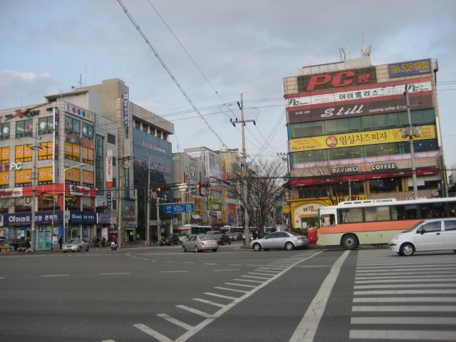 Crossing the street to my neighborhood from Keimyung University